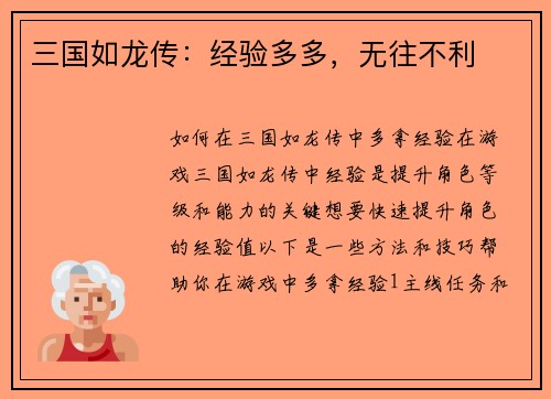 三国如龙传：经验多多，无往不利